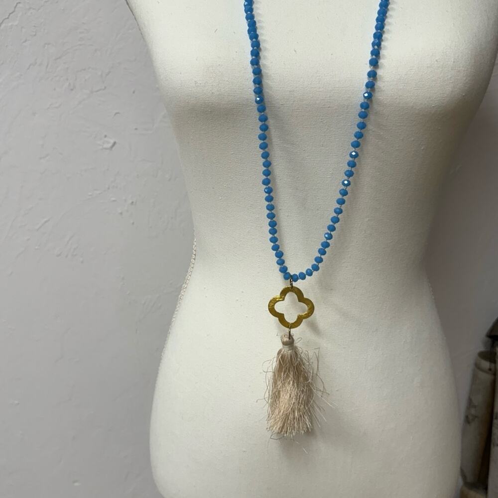 Teal Blue Fauceted Bead Necklace Extra Long Gold Clover Fringe Charm